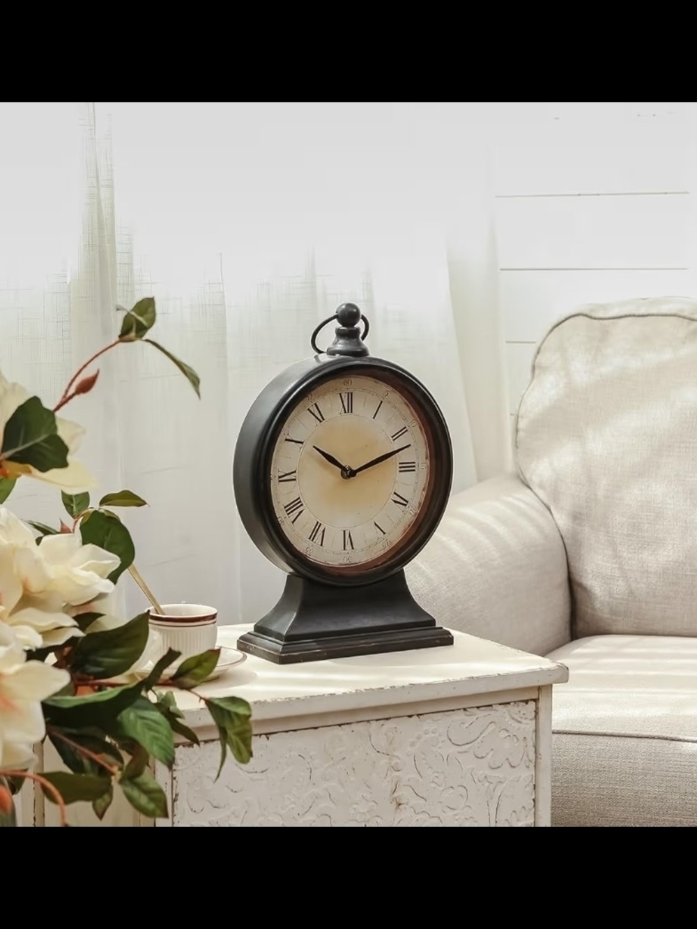 Antique-Style Round Table Clock in Black and Cream - Picture 7 of 8